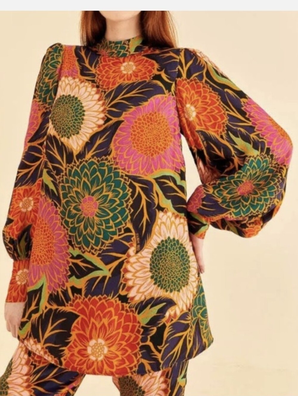 Farm Rio Anthropologie Vintage Garden Floral Balloon Sleeve Satin  Blouse - Picture 3 of 16